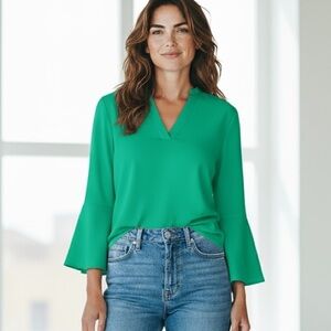 J.Crew Green Long Sleeve V Neck Bell Sleeve Blouse Casual Business Office‎ Sz XS